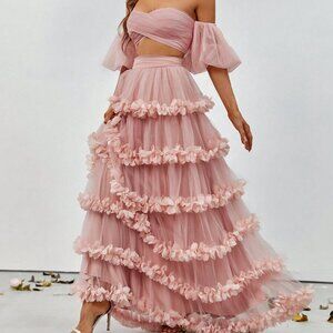 Dusty Pink Party Women's Off-Shoulder Crop Top & Ruffled Tulle Skirt Set